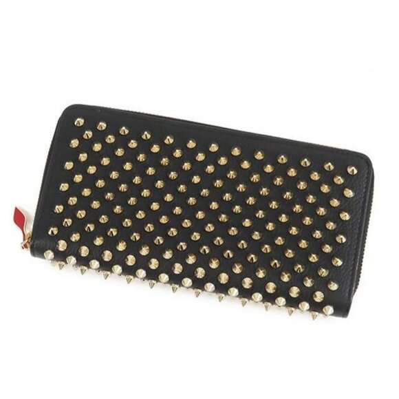 Authentic Christian Louboutin Calfskin Panettone Spiked Zip Around Wallet Black - Picture 1 of 7